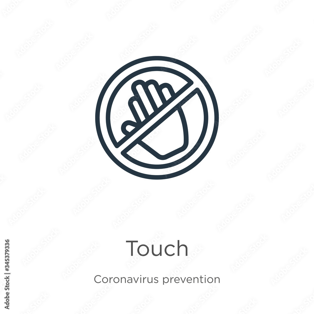 Touch icon. Thin linear touch outline icon isolated on white background from Coronavirus Prevention collection. Modern line vector sign, symbol, stroke for web and mobile