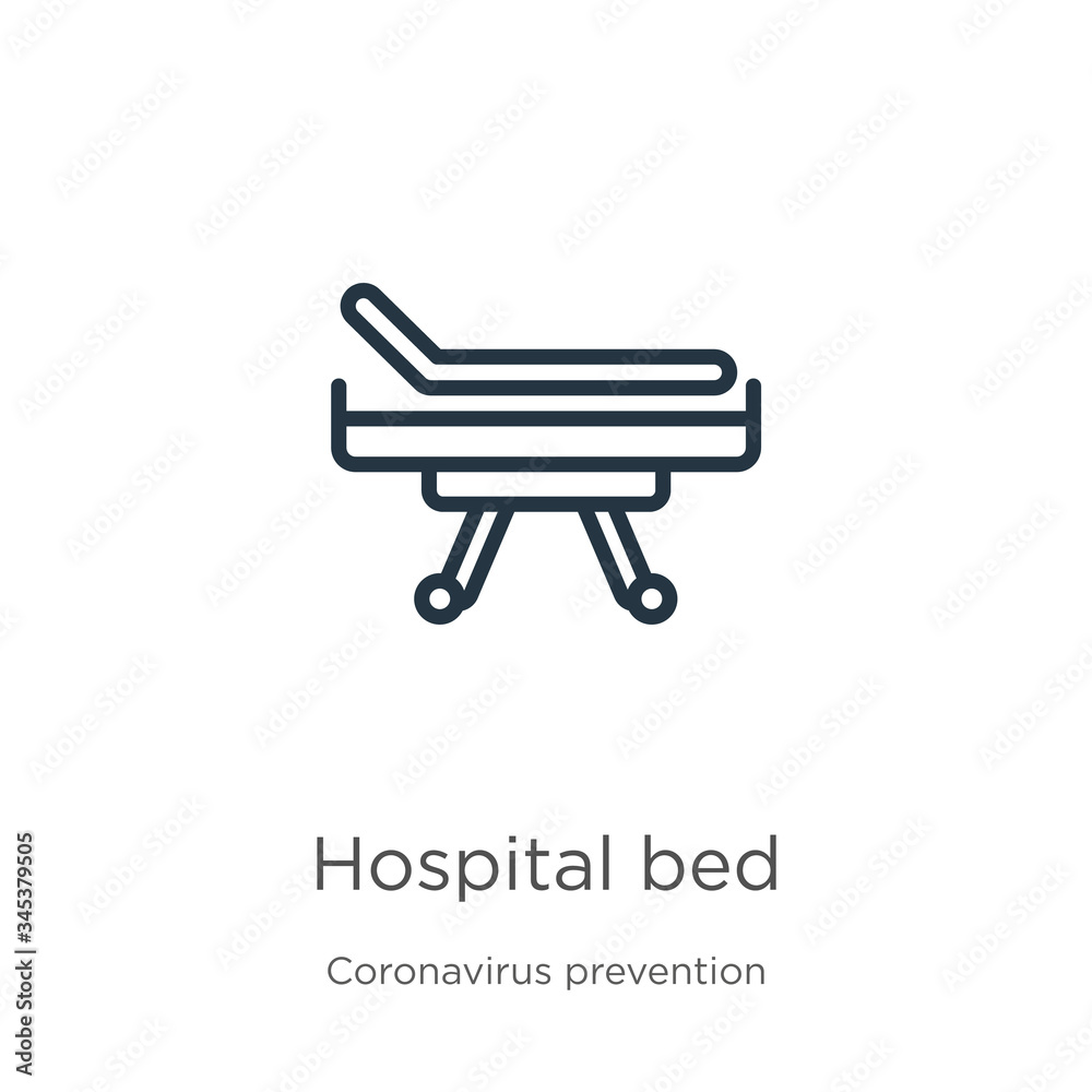 Hospital bed icon. Thin linear hospital bed outline icon isolated on white background from Coronavirus Prevention collection. Modern line vector sign, symbol, stroke for web and mobile