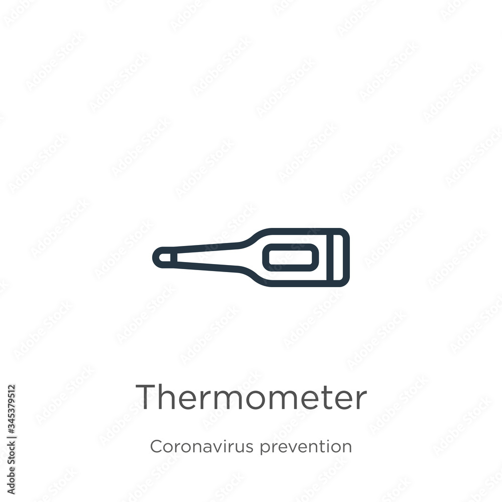 Thermometer icon. Thin linear thermometer outline icon isolated on white background from Coronavirus Prevention collection. Modern line vector sign, symbol, stroke for web and mobile Thermometer icon. Thin linear thermometer outline icon isolated on white background from Coronavirus Prevention collection. Modern line vector sign, symbol, stroke for web and mobile