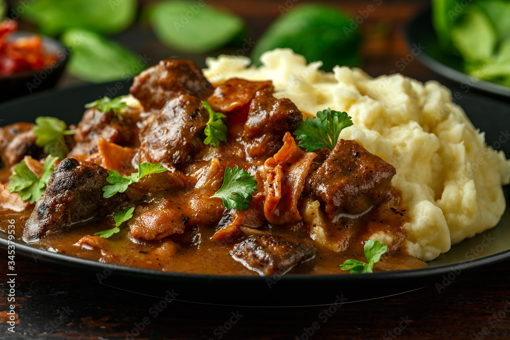 Fried Liver, bacon in onion gravy with mashed potato