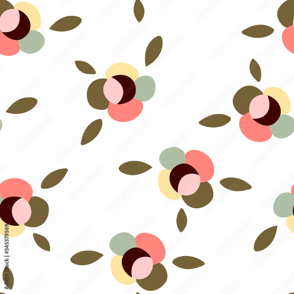 Fototapeta premium Cute colorful floral pattern with abstract flowers on the white background. In Scandinavian style. For textiles, wallpapers, designer paper, etc