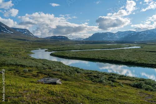 River delta in the northern Swedish Lapland. View from the hiking trail Kings Trail (Kungsleden)