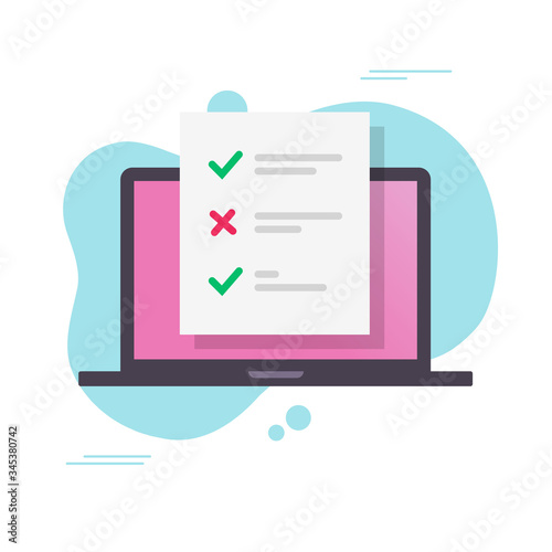 Online test results on exam survey form on laptop computer vector flat cartoon paper quiz document on screen icon, idea of internet questionnaire isolated