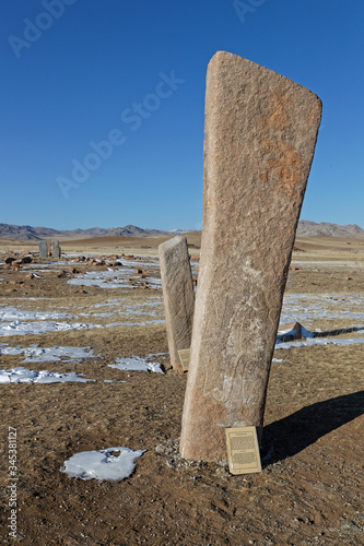 Deer stones are ancient megaliths  found in Siberia and Mongolia. The name comes from their carved depictions of flying deer. photo