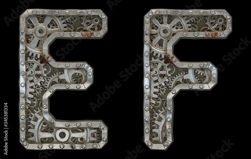 Set of mechanical alphabet made from rivet metal with gears on black background. Letters E and F. 3D