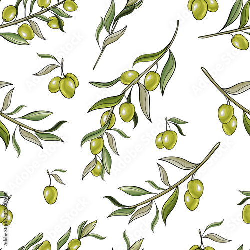 Vector seamless pattern with green olive tree branches on white background. Hand drawn. For the design natural organic cosmetics, wrapping paper, soap, olive oil. Stock illustration.