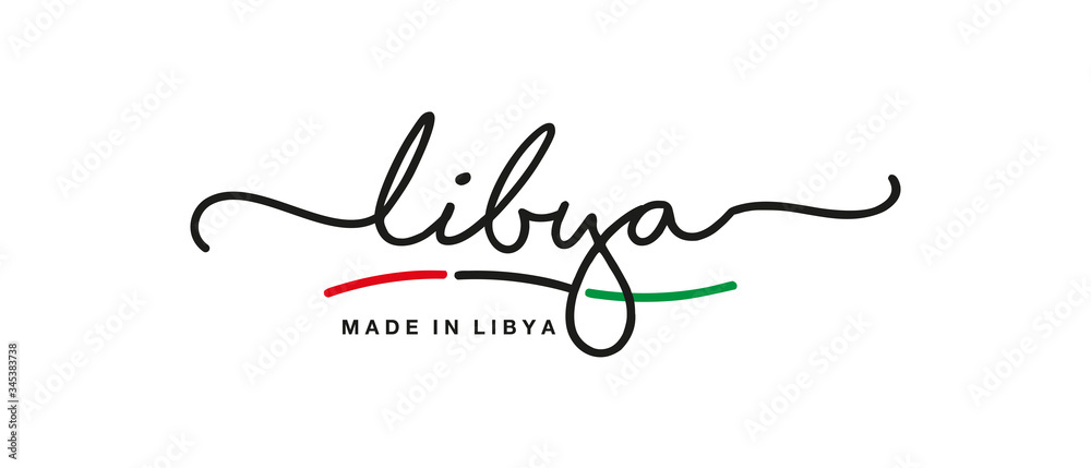Made in Libya handwritten calligraphic lettering logo sticker flag ribbon banner Made in Libya handwritten calligraphic lettering logo sticker flag ribbon banner