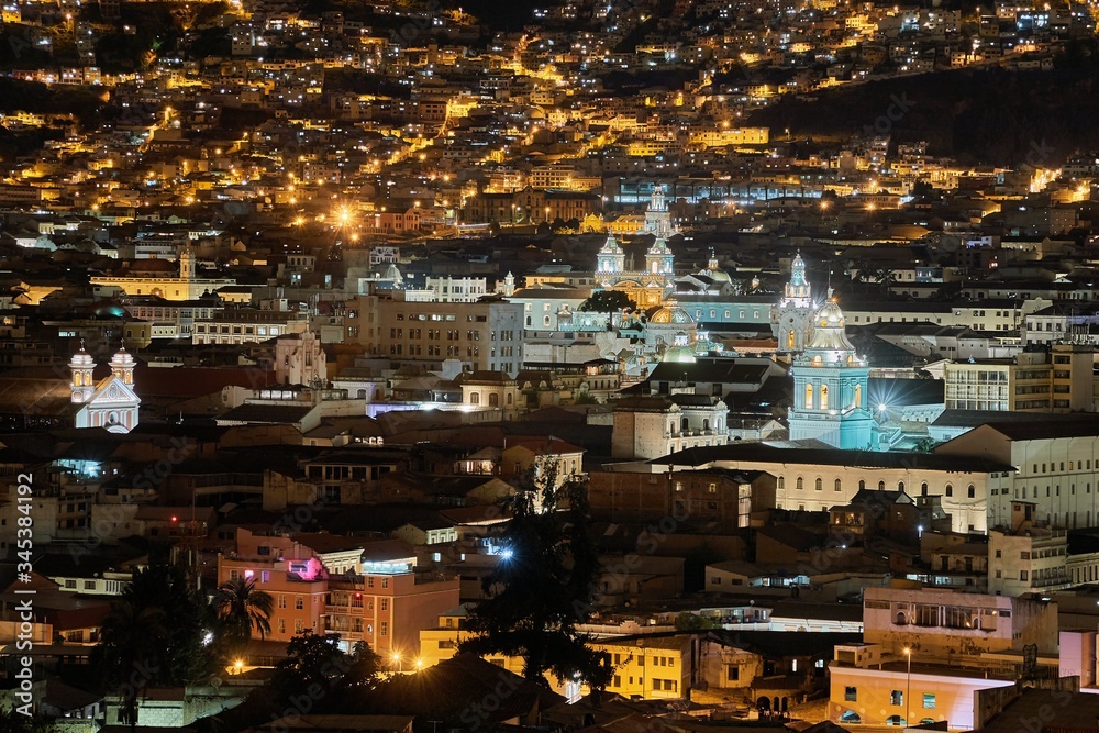Night view of Quito, Ecuador, churches in the historic center