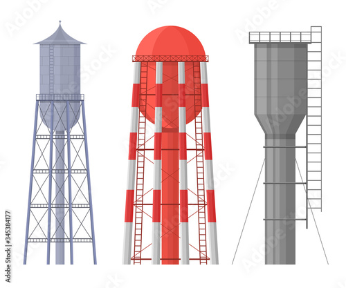 Cartoon Color Water Tower Icon Set. Vector