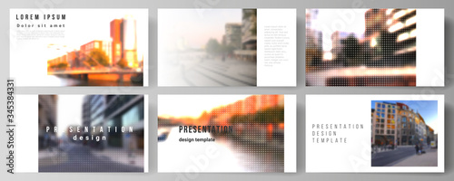 Vector layout of the presentation slides design business templates, multipurpose template for presentation brochure, brochure cover. Halftone effect decoration with dots. Dotted pattern decoration.