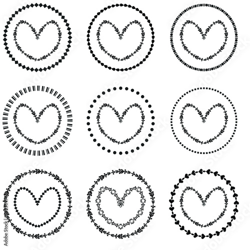 Set of 9 Heart Circles,Vector design elements for texture background, grunge frame circular,web site template, business diagram, dark label.