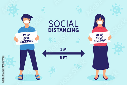 Social distancing, keeping the distance in public to prevent and stop spread corona virus (COVID-19). Keep distance to protect from COVID-19 coronavirus outbreak spreading concept. Vector illustration