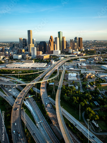 Houston city, aerial shot at sunset