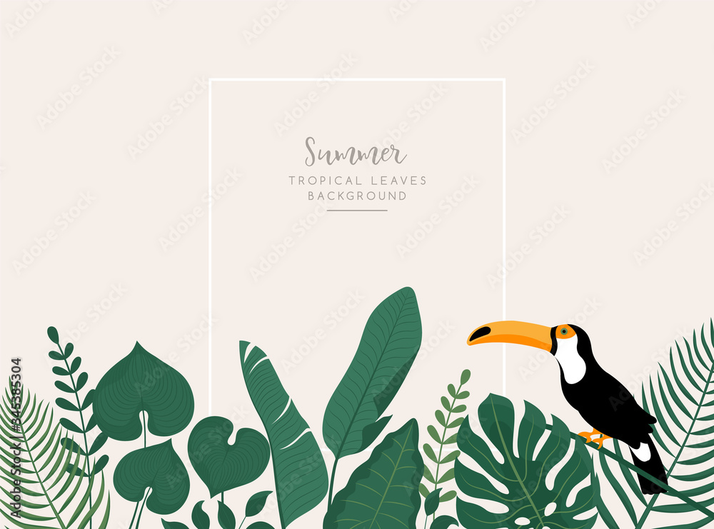 Fototapeta Trendy banner with tropical leaves,Toucan bird and space for text. Tropical design. Vector background.