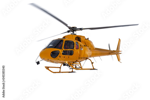 Yellow Search and Rescue Helicopter flying. Cutout and Isolated over the White Background. Perfect for image composite.