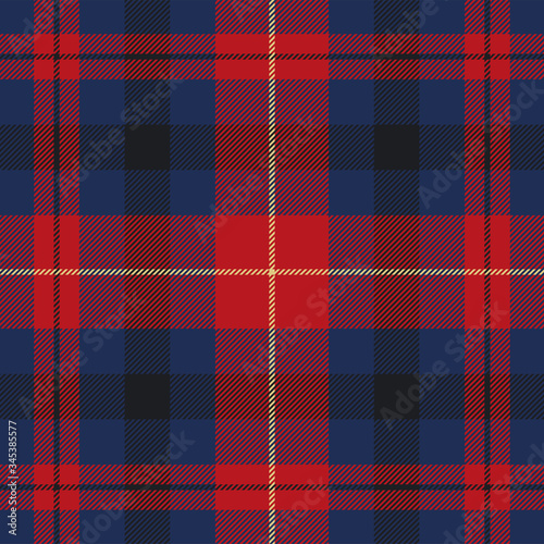 Blue and red plaid seamless pattern with yellow and black stripes. Vector background
