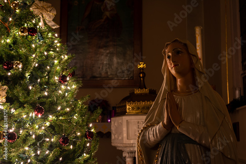 Mary beside Christmas tree