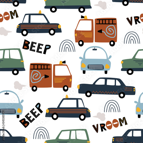 seamless pattern with transport vroom and beep - vector illustration, eps