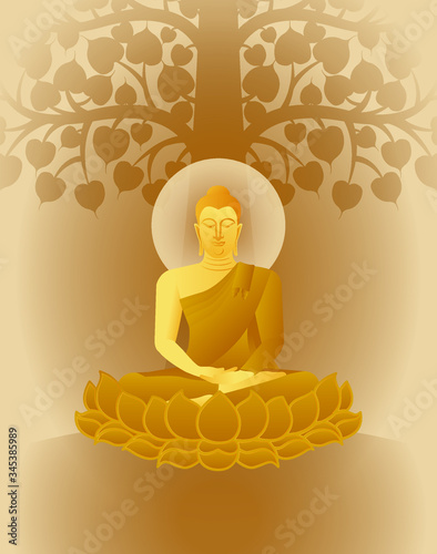 beautiful Vector of Lord of golden Buddha Enlightenment mediating sitting on lotus flower under the Bodhi three for Makha, Visakha, Asarnha Bucha, Visak and buddhist lent day, harmony tone color photo