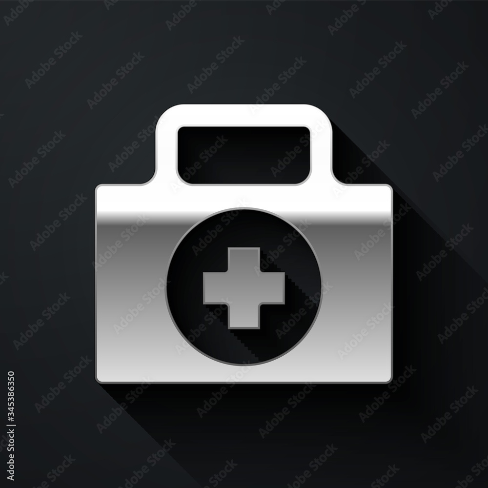 Silver First aid kit icon isolated on black background. Medical box with cross. Medical equipment for emergency. Healthcare concept. Long shadow style. Vector Illustration Silver First aid kit icon isolated on black background. Medical box with cross. Medical equipment for emergency. Healthcare concept. Long shadow style. Vector Illustration