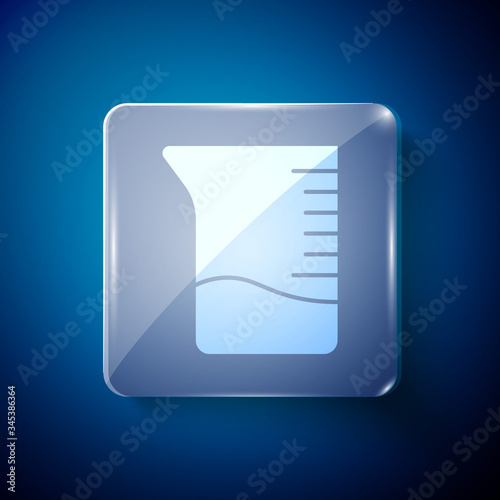 White Measuring cup icon isolated on blue background. Plastic graduated beaker with handle. Square glass panels. Vector Illustration