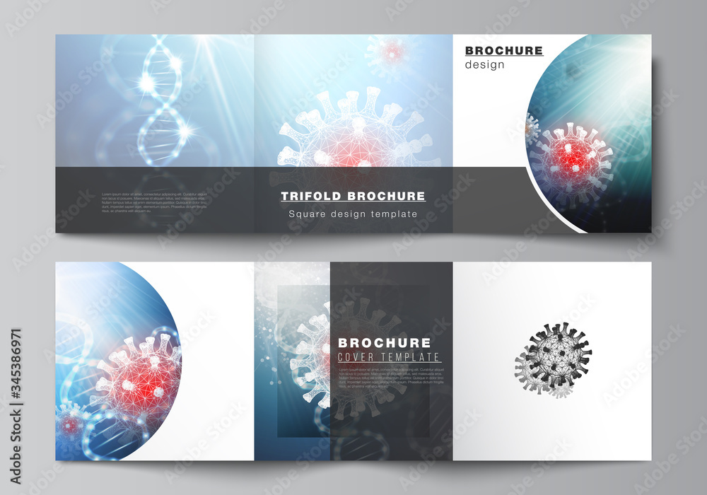 Vector layout of square covers templates for trifold brochure, flyer, cover design, book design, brochure cover. 3d medical background of corona virus. Covid 19, coronavirus infection. Virus concept.