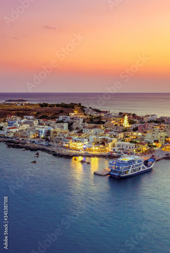 Aerial view of traditional village of Paleochora at sunset, Chania, Crete, Greece.