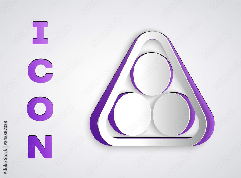 Paper cut Billiard balls in a rack triangle icon isolated on grey background. Paper art style. Vector Illustration Paper cut Billiard balls in a rack triangle icon isolated on grey background. Paper art style. Vector Illustration