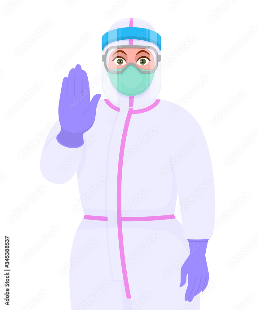 Female doctor wearing personal protective equipment (PPE) suit, face mask and showing stop sign. Physician or surgeon gesturing warning signal with hand palm. Corona virus epidemic outbreak. Cartoon. Female doctor wearing personal protective equipment (PPE) suit, face mask and showing stop sign. Physician or surgeon gesturing warning signal with hand palm. Corona virus epidemic outbreak. Cartoon.