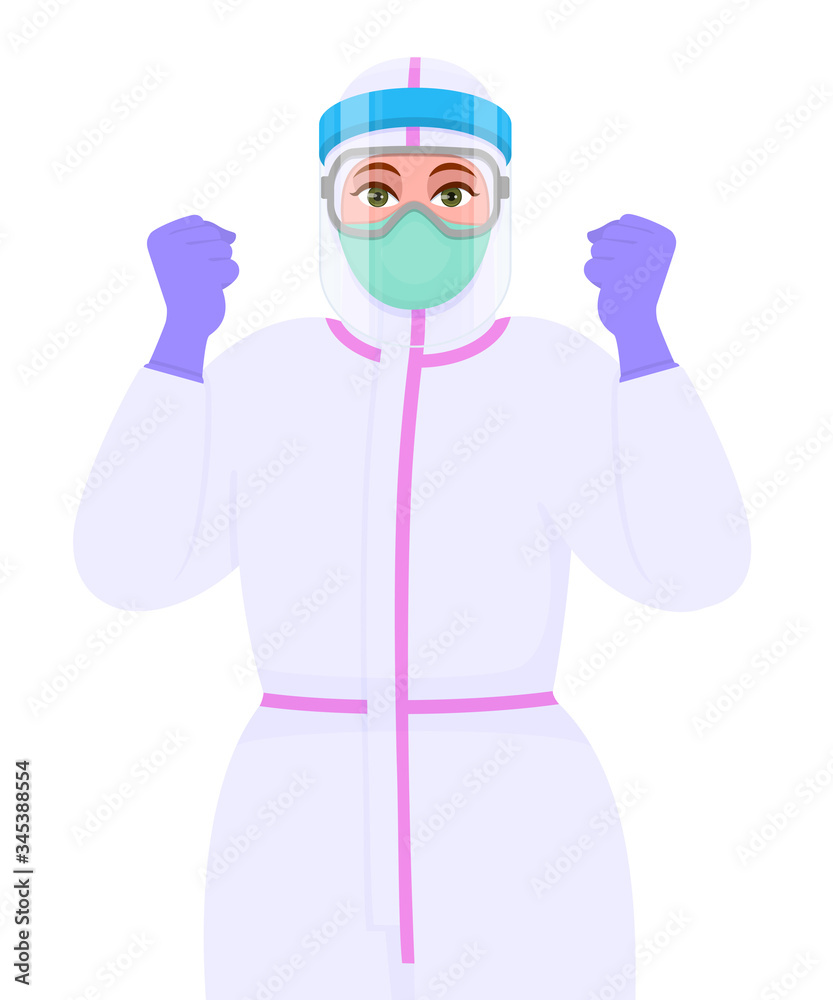 Woman in protective suit, medical mask, goggles showing raised hand fist sign. Doctor celebrating success. Surgeon gesturing arm. Corona virus epidemic outbreak. Cartoon illustration in vector style.