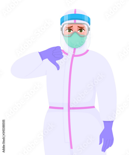 Unhappy female doctor in safety protective suit, glasses and mask showing thumbs down gesture sign. Physician gesturing dislike hand symbol. Corona virus outbreak. Cartoon illustration vector style.
