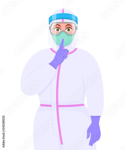 Female doctor in safety protective suit, mask and face shield showing finger on lips. Physician asking silence hand symbol. Keep quiet! Sh! Corona virus outbreak. Cartoon illustration vector style.