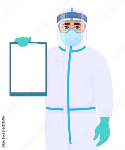 Male doctor in safety protection suit, mask, glasses and face shield showing blank clipboard. Physician or surgeon holding empty writing board. Person wearing personal protective equipment. Vector.