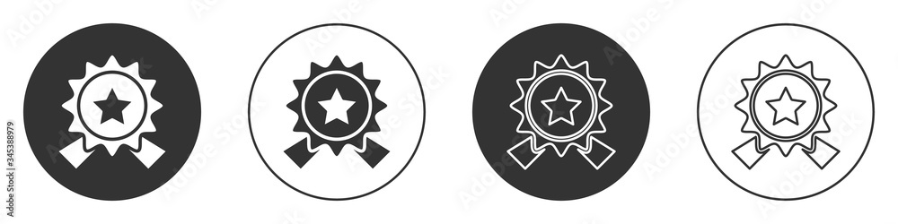 Black Medal with star icon isolated on white background. Winner achievement sign. Award medal. Circle button. Vector Illustration Black Medal with star icon isolated on white background. Winner achievement sign. Award medal. Circle button. Vector Illustration