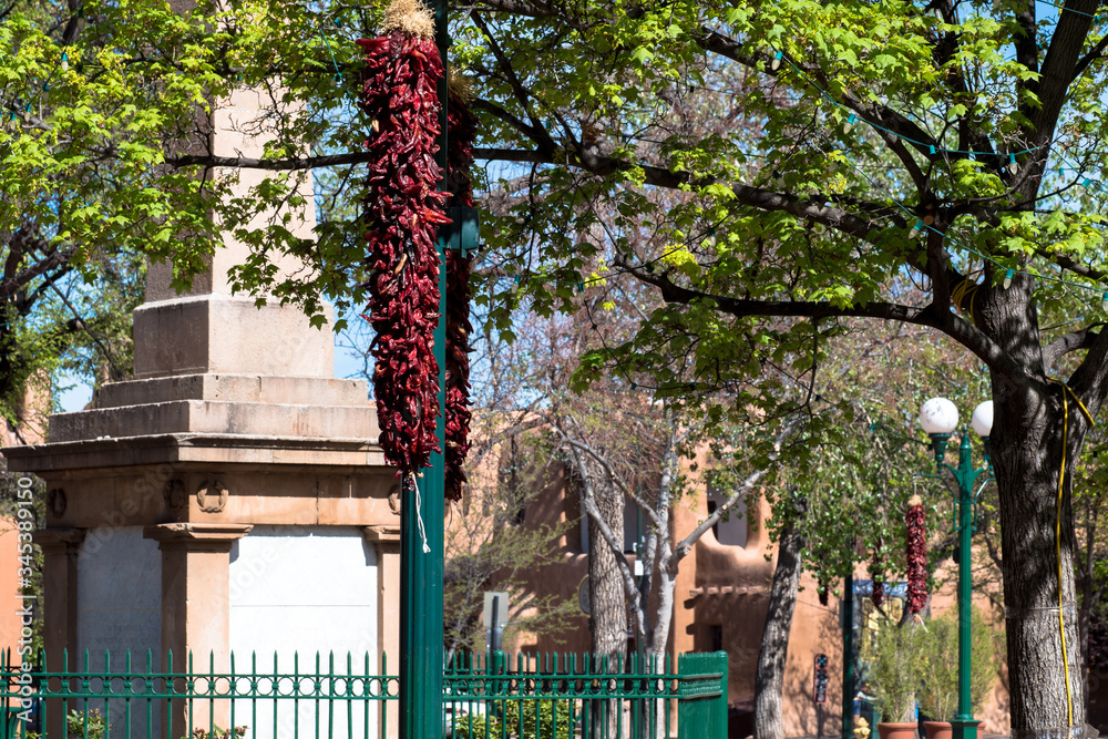 Fototapeta premium Historic obelisk, trees, and a chile ristra at Santa Fe Plaza in New Mexico
