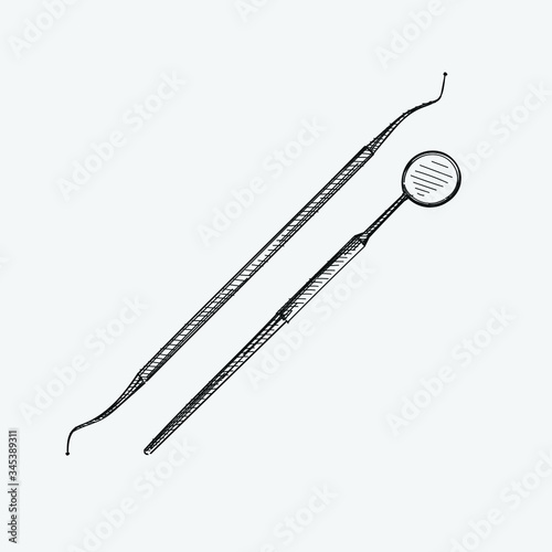 Hand-drawn sketch of Dental scaler and Dental Mirror on a white background. Dental instruments. Dentistry tools and equipment. Stomatology attributes