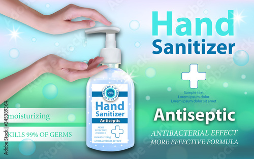 Hand Sanitizer gel ads. Horizontal banner the hand presses on the dispenser. Antiseptic gel in bottles with dispenser. Best protection against viruses. Vector