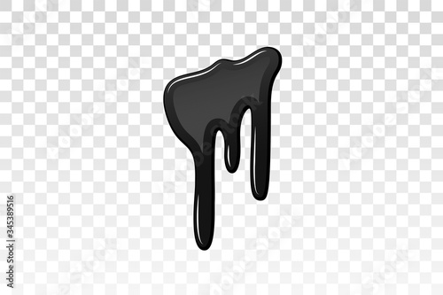 Drip paint 3D. Ink stain. Drop melt liquid isolated on white transparent background. Splash of chocolate, oil, blood. Black graffiti. Splatter syrup, candy sauce, caramel. Vector illustration
