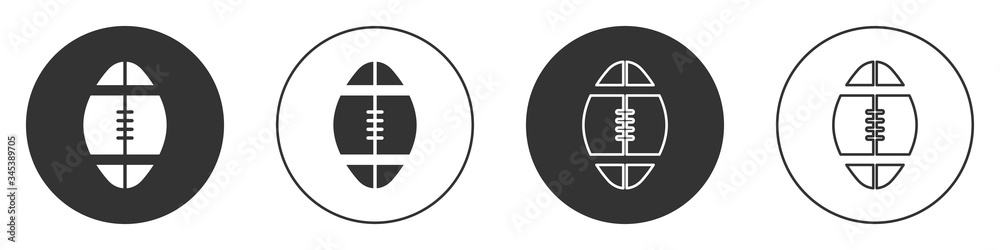 Black Rugby ball icon isolated on white background. Circle button. Vector Illustration