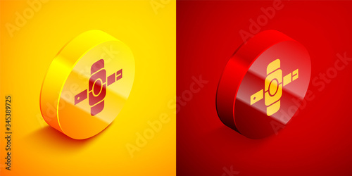 Isometric Knee pads icon isolated on orange and red background. Extreme sport. Skateboarding, bicycle, roller skating protective gear. Circle button. Vector Illustration