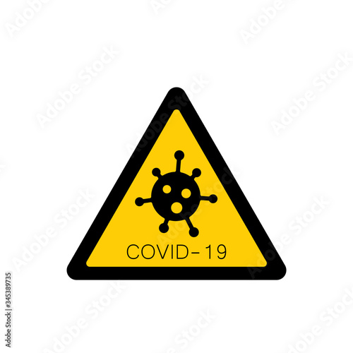 Coronavirus 2019-nCoV. Corona virus attention icon. Yellow triangle sign isolated white background. Pathogen respiratory infection. Bacteria-cell. Influenza pandemic. Corona-virus. Vector illustration