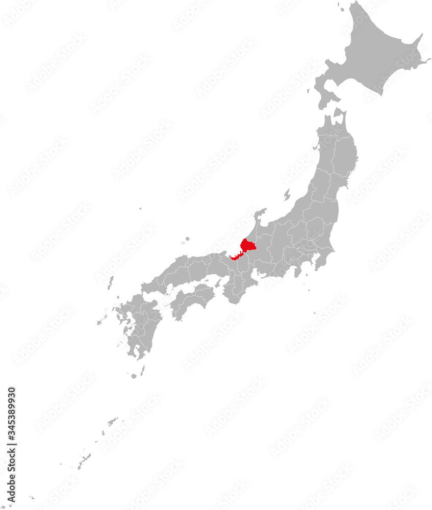 Fukui province highlighted red on Japan map. Gray background. Business concepts and backgrounds.