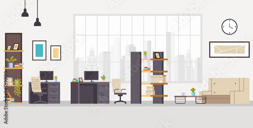 Office workstation furniture interior concept. Vector flat graphic design cartoon illustration