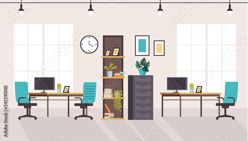 Office workstation furniture interior concept. Vector flat graphic design cartoon illustration
