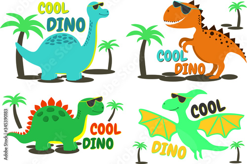 Set of cool dinosaurs for print. Adult, baby, egg. Vector template for design T-shirts. Fashion graphic for apparel. Character image dino for children's magazines and preschool institutions. Dinosaur