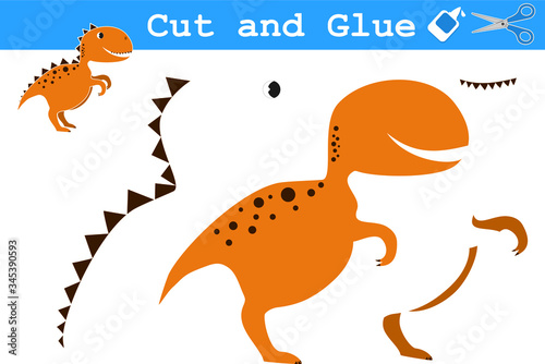 Education paper game for preschool children. Cartoon funny dinosaur. Use scissors and glue to create the image.