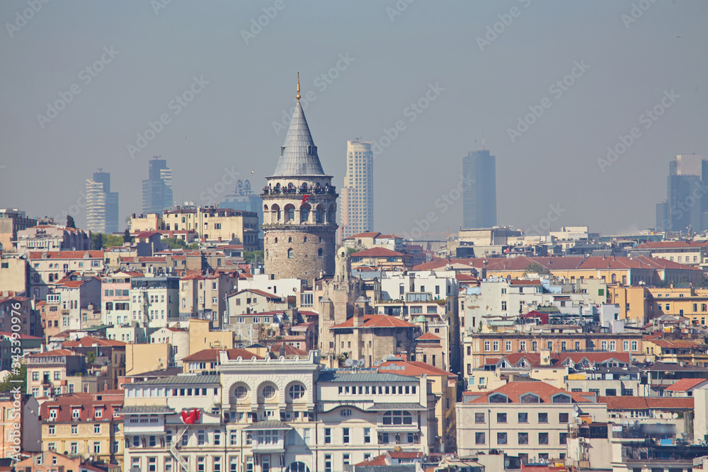 istanbul,turkey galata tower,cityscape and istanbul view from suleymaniye mosque's garden in istanbul with historical and modern buildings.