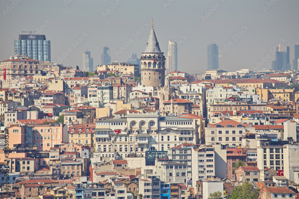 istanbul,turkey galata tower,cityscape and istanbul view from suleymaniye mosque's garden in istanbul with historical and modern buildings.