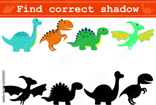 Educational game for preschool children  Find the correct shadow  with funny dinosaurs. Vector illustration for children s magazines and preschool institutions