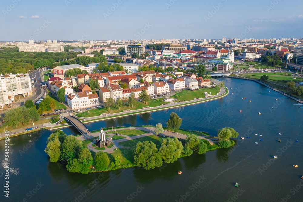 MINSK, BELARUS - JULY 2019: Aerial View, Cityscape Of Minsk, Belarus. Summer Season, Sunset Time. Panorama Of Nemiga District.